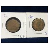 two 1910 Canadian Large Pennies