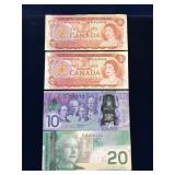 1974, 2017, 2004 Canadian $2, $10 & $20 Bank Notes