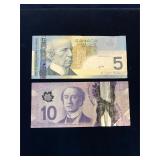 2006 Canadian $5 Bank Note & 2013 $10