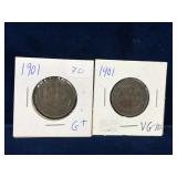 two 1901 Canadian Large Pennies