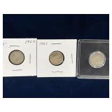 1962, 63, 64   Canadian Silver Ten Cent Pieces