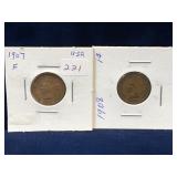 two 1907 & 1908 USA Indian Head Pennies