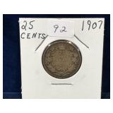 1907 Canadian Silver 25 Cent Piece