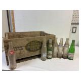 Double Cola pop crate with 7 assorted pop bottles.