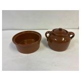 Brown stoneware dish and small bean pot