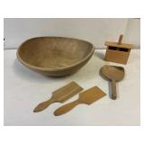 16' Wood turned bowl, butter bread and paddles