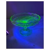 Uranium Glass compote dish. 7.5' across 5' high