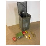 Tin bin w organizer. Nails. Rope.