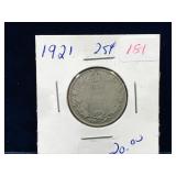 1921 Canadian Silver 25 Cent Piece