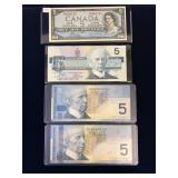 1954, 1986, 2002, 2006 Canadian $5 Bank Notes