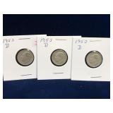 three 1952 and 53 D  USA Silver 10 Cent Pieces