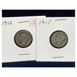 1916 & 191?  USA Silver 10 Cent Pieces