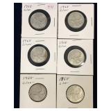 six 1968 Canadian Silver 25 Cent Pieces