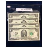 2017 USA $2 Uncirculated Bank Notes, 4 in sequence