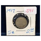 1917 Canadian Silver 5 Cent Piece