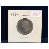 1934 USA Silver 25 Cent Piece
