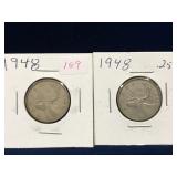 two 1948 Canadian Silver 25 Cent Pieces