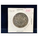 1954 Canadian Silver 50 Cent Piece