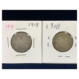 two 1918 Canadian Silver 25 Cent Pieces