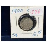 1920 Canadian Silver 5 Cent Piece