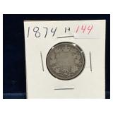 1874 H Canadian Silver 25 Cent Piece