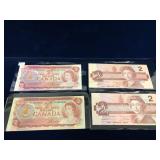 two 1974, two 1986 Canadian $2 Bank Notes