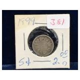 1899 Canadian Silver 5 Cent Piece