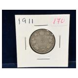 1911 Canadian Silver 25 Cent Piece