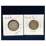 two 1902 H Canadian Silver 25 Cent Pieces