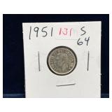 1951 Canadian Silver Ten Cent Piece