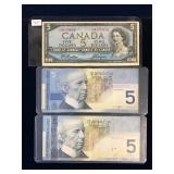 1954, 2002, 2006 Canadian $5 Bank Notes