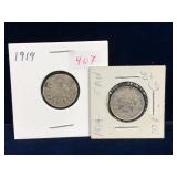 two 1919 Canadian Silver 10 Cent Pieces