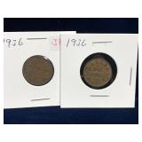 two 1936 Canadian  Pennies