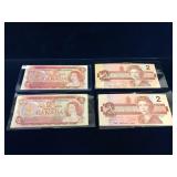 two 1974, two 1986 Canadian $2 Bank Notes