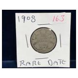 1908 Canadian Silver 25 Cent Piece