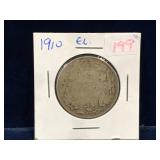 1910 Canadian Silver 50 Cent Piece