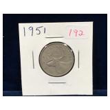 1951 Canadian Silver 25 Cent Piece