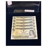 1973 Canadian $1 Bank Notes, 5 in sequence