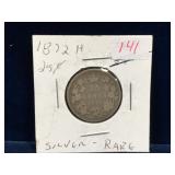 1872 H Canadian Silver 25 Cent Piece