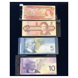 4 assorted Canadian Bank Notes
