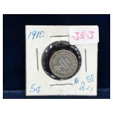 1910 Canadian Silver 5 Cent Piece
