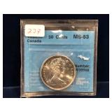 1967 Canadian Silver 50 Cent Piece Graded MS-63