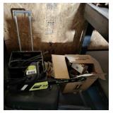 electric chainsaw, tool belt & tool box on wheels