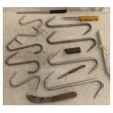 10+ Stainless Meat Hooks & Various Knives