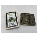 Steiger belt buckle and playing cards