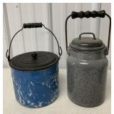 grey granite and blue swirl enamel pails