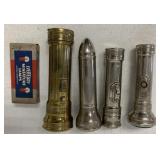 4 vintage flashlights and bulb box