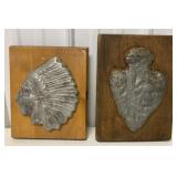 2 metal Indian plaques on wood backers