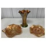 3 pieces of carnival glass, base is Northwood