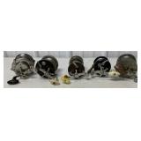 5 fishing reels, some damaged